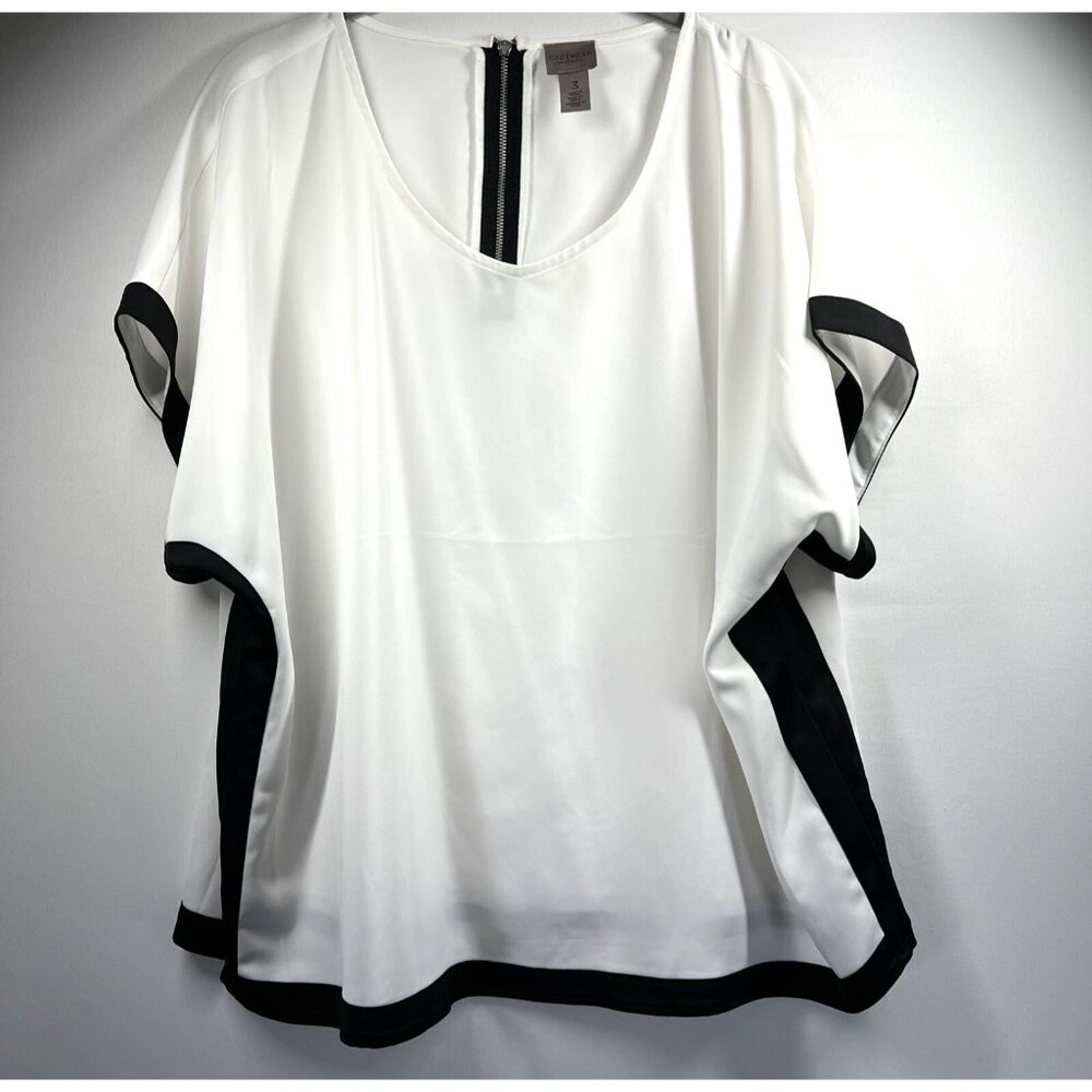 Chicos Women's Top Size XL‎ Black White Boxy Short Sleeve Side Slits Pullover